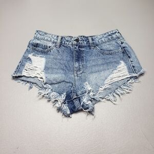 Fashion nova light wash ripped raw hem short denm jeans shorts womens size small